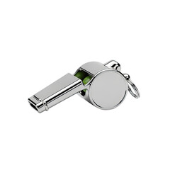 Metallic referee whistle, isolated against a dark background, side view