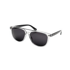Transparent-framed sunglasses, dark lenses, angled view, isolated