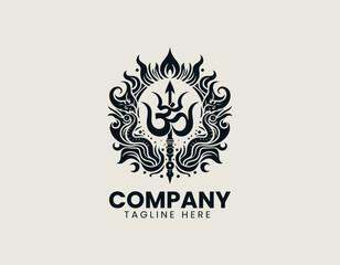 Fototapeta premium Intense stylized Hindu Trishula trident vector illustration entwined with snake and surrounded by Om symbol and flame elements