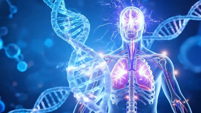 Human anatomy and DNA structure representation showing brain activity and body systems with medical visualization.