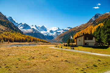 Autumnal view of the Roseg Valley, Switzerland, with trees and autumn colors.