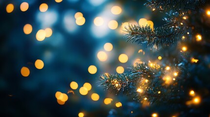 Fototapeta premium Warm winter evening lighting with glowing festive spheres and illuminated pine branches.
