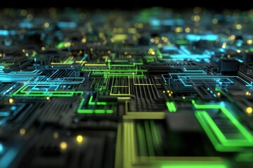 Abstract Circuit Board Design with Glowing Lines and Bokeh