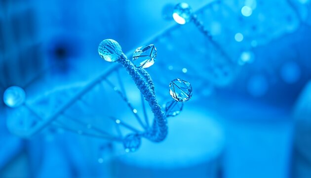 Detailed microscopic 3d illustration of a luminous dna double helix structure with clear liquid droplets representing genetic engineering and biotechnology research in a blue environment