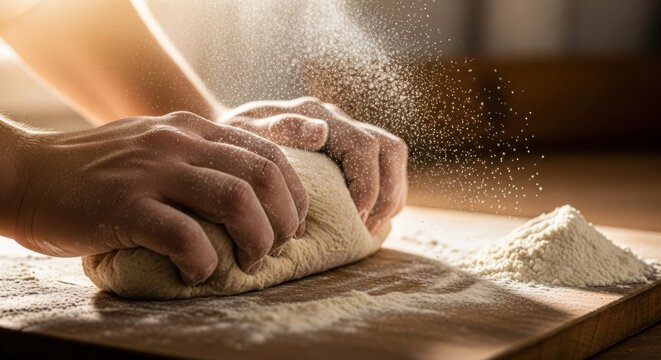 Artisan bread baking featuring hands kneading dough on rustic wooden surface