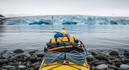 Adventurous kayaking journey in icy waters with glacier view and rocky shores
