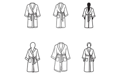 Elegant bathrobe collection showing diverse styles in black and white outline with different person silhouette representations