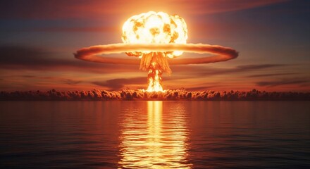 A mushroom cloud rises over the water reflecting the light of the explosion at dusk or dawn time
