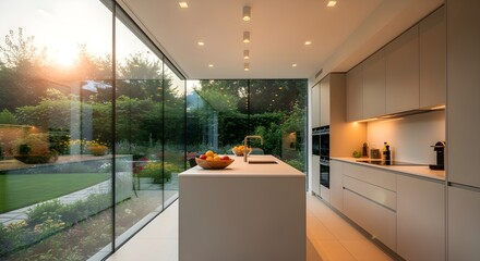 Modern minimalist kitchen bathed in warm golden hour sunlight flowing through a vast glass wall overlooking a lush garden.