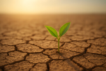The landscape is dry and barren, the ground split by the heat of the sun, but small plants grow that signal the resilience of nature and new life.