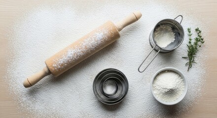 Baking essentials for perfect pastry preparation: rolling pin, flour sifter, and bowl on wooden table