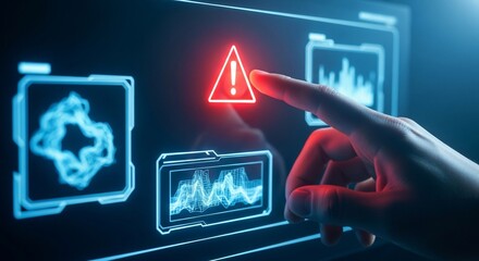 Hand touching a red warning triangle on a futuristic glowing screen with data visualizations displayed