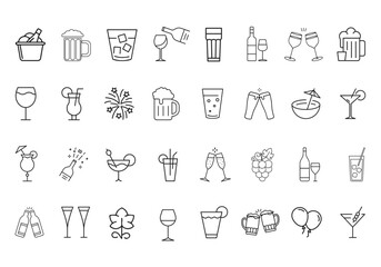 Alcohol drink Glass cup line icon set for celebration, line empty icon, drink glassware,
Beverage, editable stroke, cocktail in beer mug, wineglass, cup, Vector Outline of glass utensil