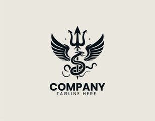 Obraz premium Dynamic stylized trident illustration with coiled snake and intricate wing-like tribal elements