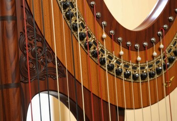 Obraz premium Intricately Crafted Harp Showcasing Elegant Wooden Detailing and String Pattern with Ornate Design Elements and Harmonious Arrangement