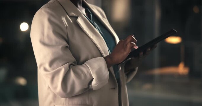 Hands, person and typing with tablet at night for editor feedback, information and article post. Journalist, bokeh and digital for proofreading news, update draft and working late for publication