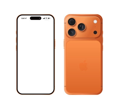 Mockup of iPhone 17 Pro Max in Cosmic Orange case with white blank screen on light background.