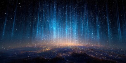 Abstract Digital Artwork Blue Light Bursting from Above