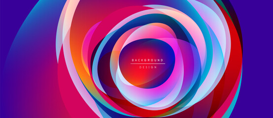 Abstract vibrant concentric circles create dynamic visual effect. Gradient colors blend, forming captivating background design.