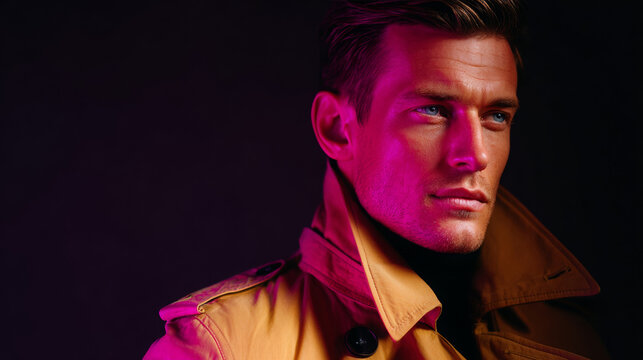 Man in trench coat under neon glow on deep black background