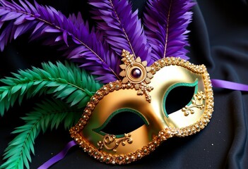Ornate Gold Mask with Feather Embellishments and Gem Accents on Dark Velvet Background