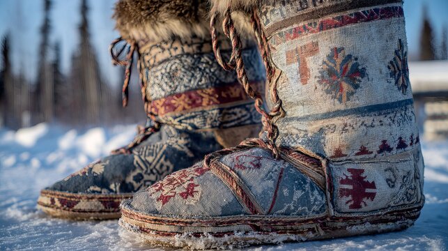 Experience authentic winter warmth with intricately designed, fur lined, traditional ethnic boots resting in fresh snow
