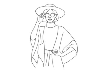 Fashionable woman wearing a hat and glasses in sketch style