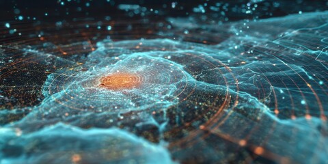 Abstract Digital Terrain with Glowing Data Lines and Dots