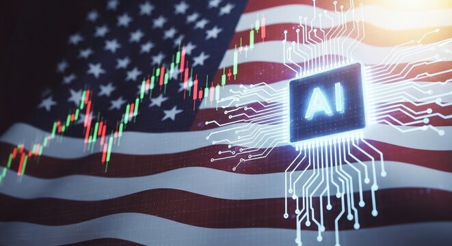 American flag with ai chip overlayed on stock market graph representing technology and finance trends