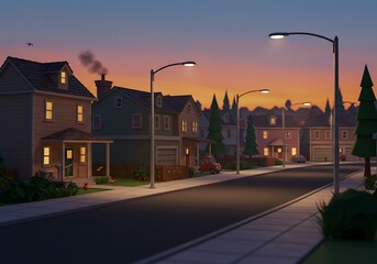 Illuminated suburban street at twilight, cozy houses and glowing streetlights in a peaceful residential neighborhood.