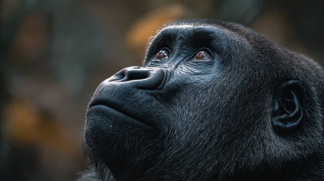 Majestic gorilla gazes upward with soulful eyes, conveying deep emotion and wild spirit in a natural, artistic portrait.