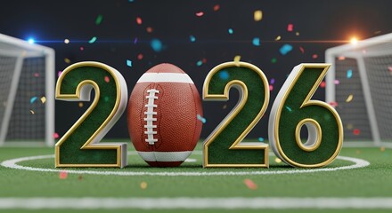 Large 3D numerals 2026 with an American football between the digits 1 and 2 set on a football field with goal nets and falling confetti celebration sports year new year game