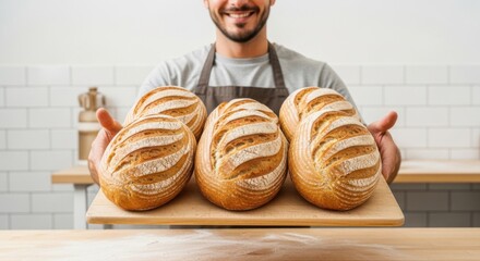 Smiling baker presenting freshly baked artisan bread in kitchen for bakery promotion or culinary design