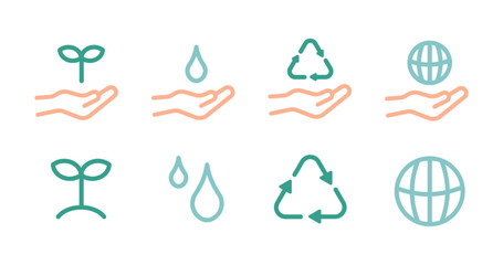 手で水・芽・木・地球・リサイクルマークを持っている環境とサステナビリティのシンプルラインアイコンセット｜Simple Line Icons Set for Environment and Sustainability