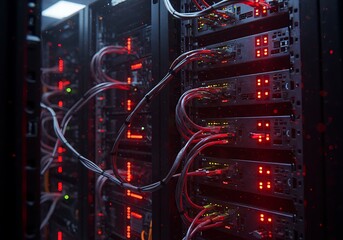 Glowing red lights on server racks in a modern data center, showcasing intricate network infrastructure and data processing