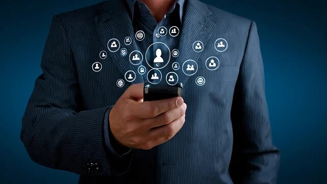 Man in suit holds phone with social network icons floating around it - Powered by Adobe
