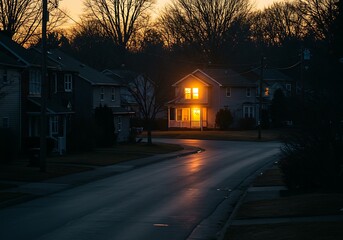 Suburban home glowing with warm light at twilight, casting a cozy ambiance on a quiet residential street at dusk