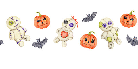 Watercolor clipart seamless border with orange pumpkins, gray bats, and beige stitched voodoo dolls, hand drawn. Suitable for Halloween packaging, digital paper, labels, and greeting card design.