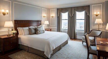 Elegant hotel room with a comfortable bed and classic decor, offering a serene escape for travelers.