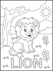 Simple Cartoon Lion Sitting in a Sunny Nature Landscape. Outline Drawing for Kids' Activity Book. Cute Baby Lion Coloring Page with LION Text. Alphabet and Vocabulary Education Material.