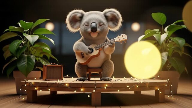 Cute Koala Plays Ukulele on Wooden Stage