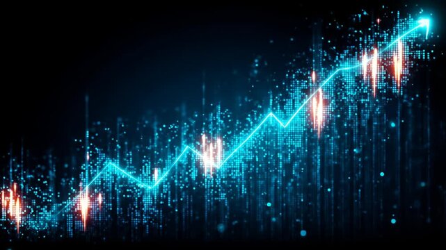 Futuristic blue stock chart with rising line and digital block structure