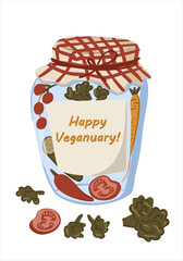 Hand drawn jar filled with vegetables and a label saying Happy Veganuary decorated with a red checkered cloth. Concept of healthy eating, vegan lifestyle, and organic nutrition
