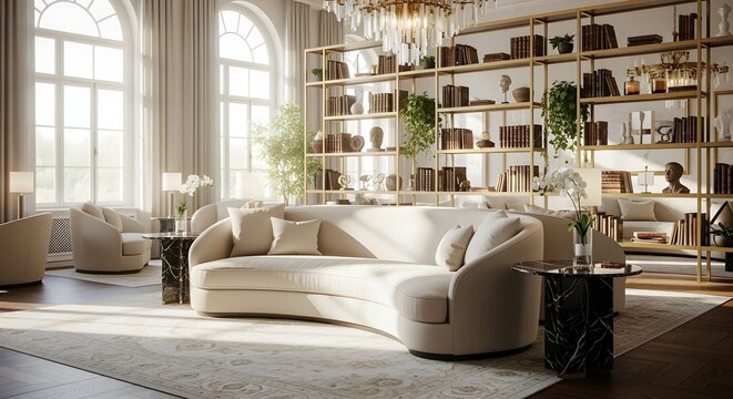 Elegant and spacious living room with natural light, plush seating, and extensive shelving.