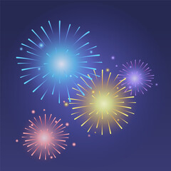 Firework explosion effects on bluw background. Vector realistic illustration of firecracker sparkles, neon color light sparks in night sky, holiday celebration symbol, bomb explosion