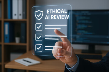 Ethical AI review concept with developer workspace and AI programmer hand interacting with futuristic digital checklist in office environment