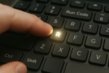 Finger pressing glowing R key on black keyboard in focused ai developer workspace with programmer coding actively
