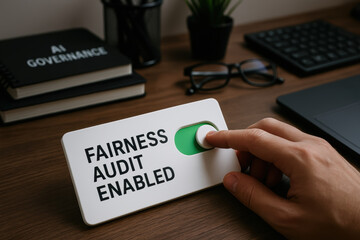 Fairness audit enabled concept with hand switching on toggle button on desk workspace for ai developer and programmer tasks