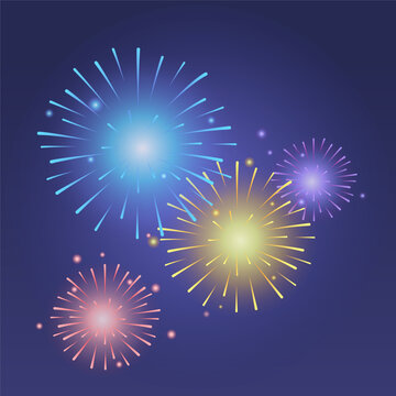 Firework explosion effects on bluw background. Vector realistic illustration of firecracker sparkles, neon color light sparks in night sky, holiday celebration symbol, bomb explosion