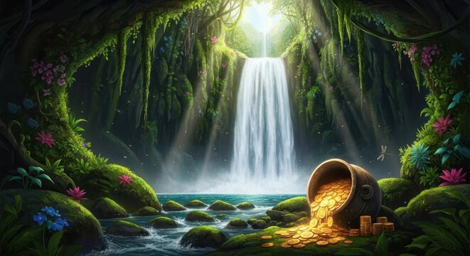 pot of gold treasure spills by waterfall in enchanted forest grotto with shining sunbeams. st. patrick's day concept of luck, wealth, and success. banner, website header.